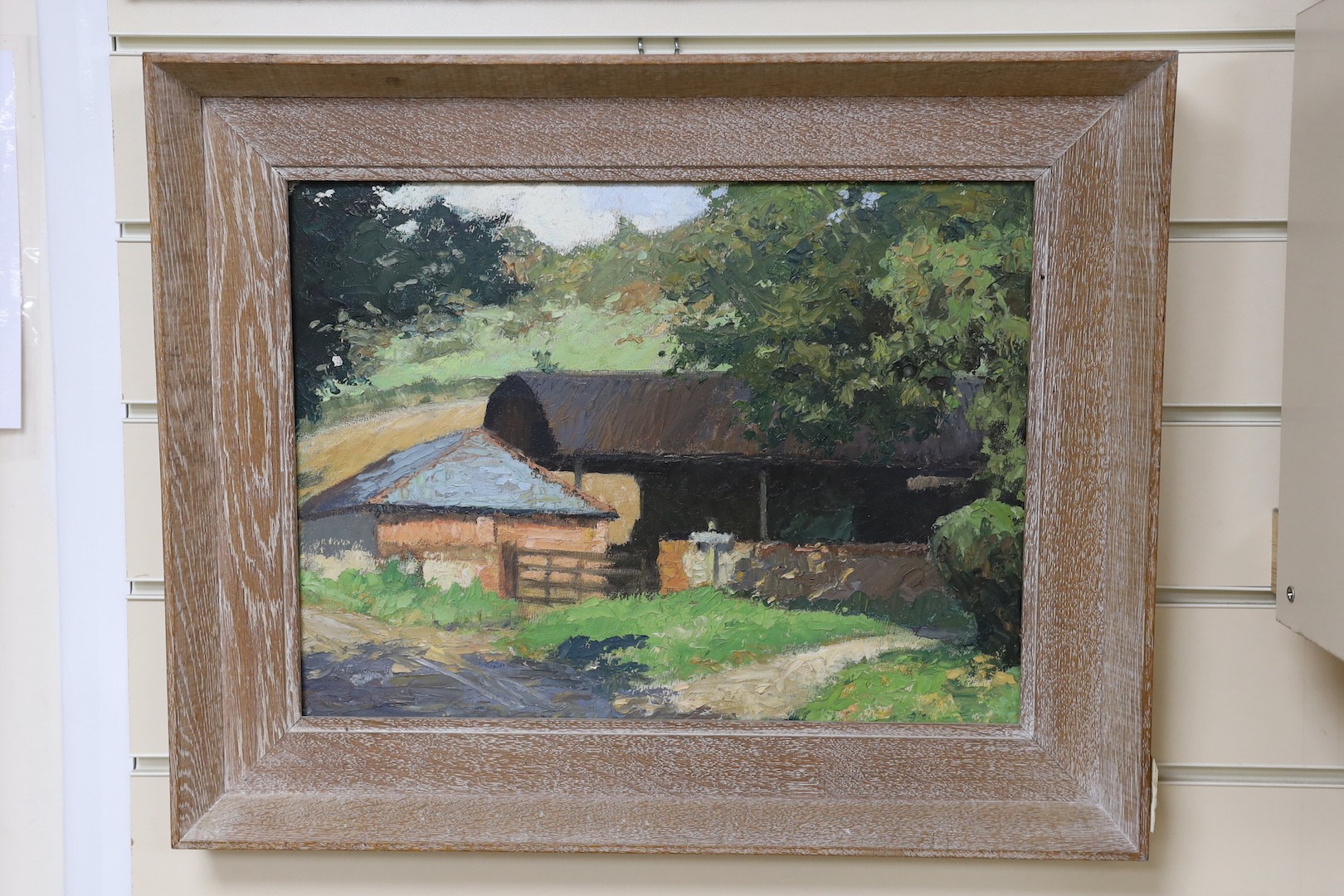 Modern British, oil on board, Study of a barn, 29 x 40cm